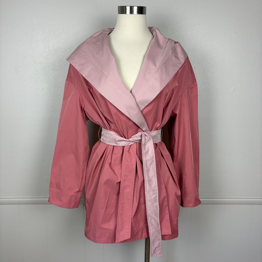 MaxMara Studio Hooded Rain Coat Wrap Jacket Sz‎ 4 Rose Pink Belted Classic Femme